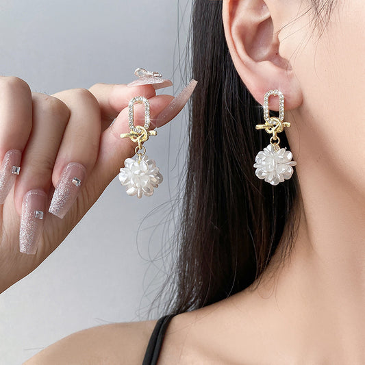 Crystal White With Tassels High-grade Floral Ball Earrings