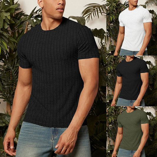 Summer Short-sleeved T-shirt Men Round Neck Solid Color Striped Design Top Mens Clothing